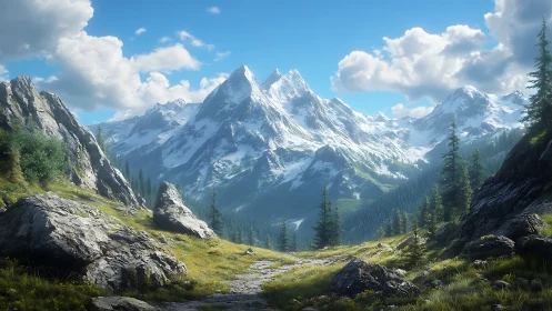 Sunlit alpine path welcomes hikers toward snowy mountain peaks