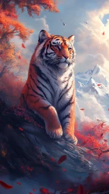 Tiger sits on rocky ledge above red forest and mountains