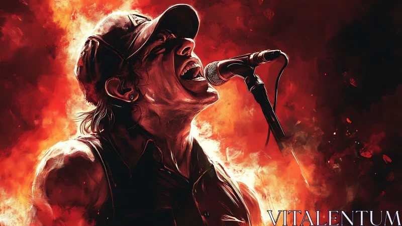 Rock vocalist illuminated by fiery backlight in digital painting