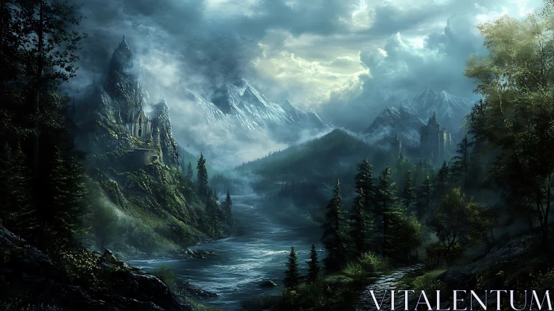 Mystic river valley winds beneath misty castles and peaks.