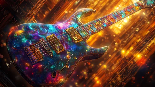 Electric guitar with multicolor finish on abstract backdrop.