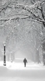 Quiet winter walk unfolds beneath snow-laden city trees