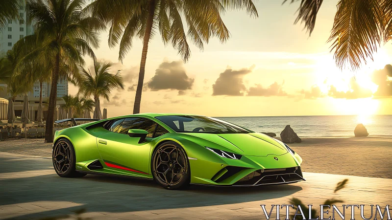Green sports coupe is parked on a palm-lined coastal promenade