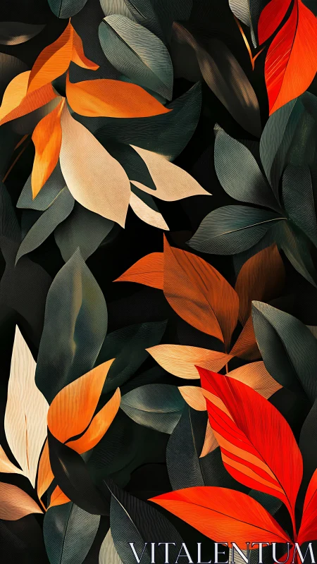Stylized orange and red foliage on dark contrasting ground.