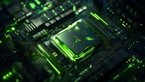 Futuristic CPU on motherboard with neon green lighting, digital art.