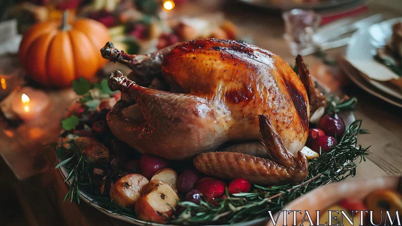 Roast turkey rests on rustic holiday table with vegetables