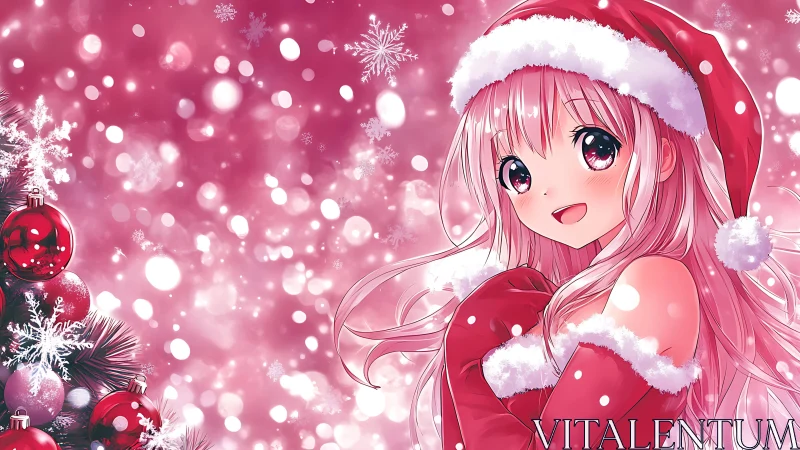 Anime girl in Santa outfit with Christmas decorations.