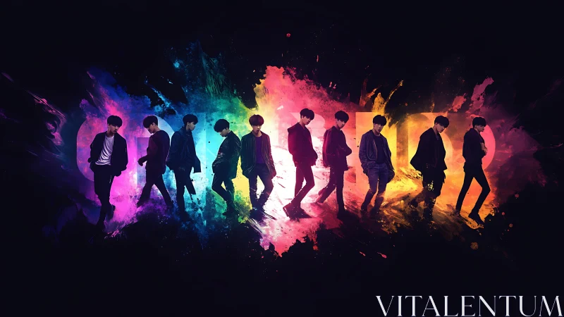 Color-swept silhouettes stride through glowing neon night.