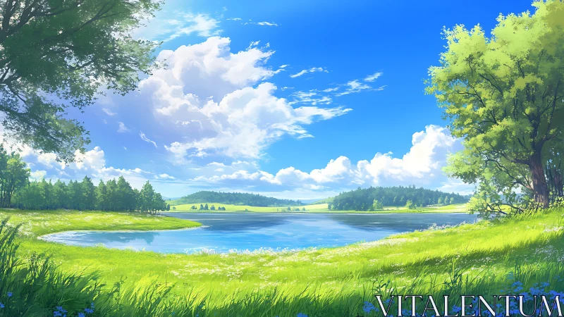 Bright lake landscape shows open meadow, water and clouds