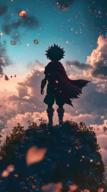 Backlit caped silhouette surveys volumetric clouds and drifting petals