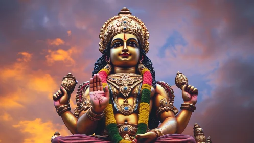 Golden Hindu deity statue under vivid stormlit sky.