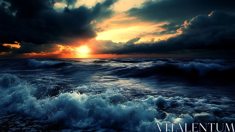 Stormlit sunset over rolling ocean waves in motion.