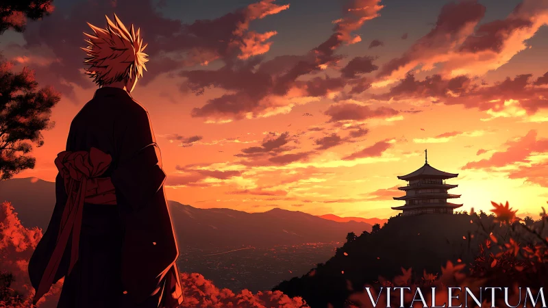 Figure in kimono observing distant pagoda at sunset horizon.