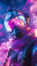 Neon space explorer in glowing helmet and swirling colors.