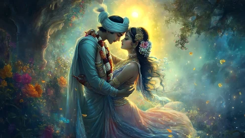 South Asian figures with ornamental dress in luminescent garden setting.