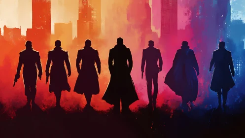 Silhouetted figures walk toward a color graded urban skyline