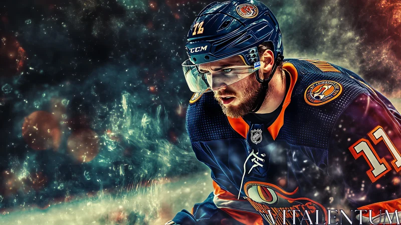 Intense ice hockey player in cosmic particle storm portrait.