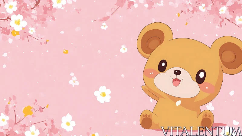Cute chibi bear smiles beneath soft cherry blossoms.
