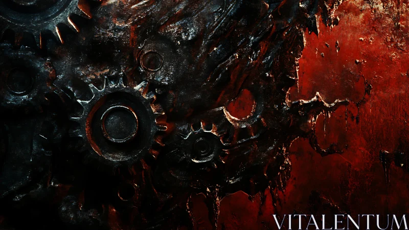 Corroded metal gears embedded in dark red textured wall.
