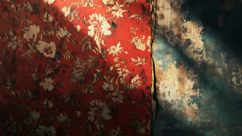 Sunlit floral wallpaper peeling into weathered blue wall.