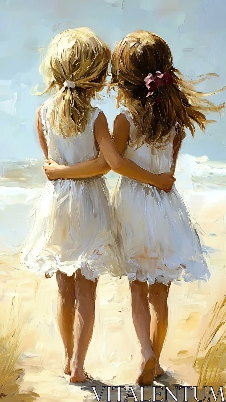 Two Sisters in White: Oil Study of Youthful Bonding.