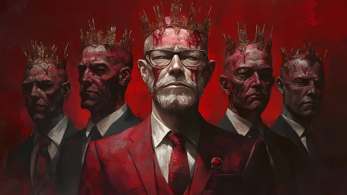 Bloodcrowned executives in red-lit boardroom apocalypse.