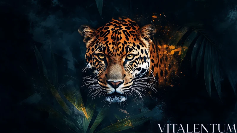 Jaguar portrait bursts through jungle shadows in neon light.