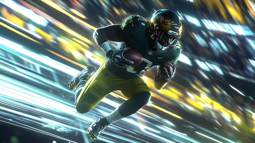 Dynamic gridiron runner in motion-blur stadium lighting