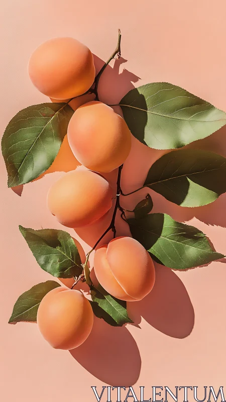 Ripe apricot branch casts bold shadows on coral surface.