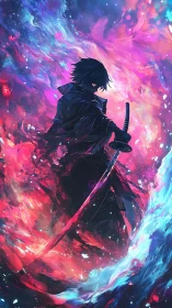 Lone anime swordsman wrapped in swirling cosmic fire and light.