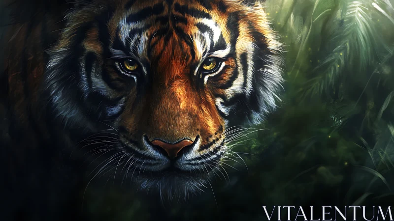 Majestic tiger portrait in luminous cinematic jungle lighting.