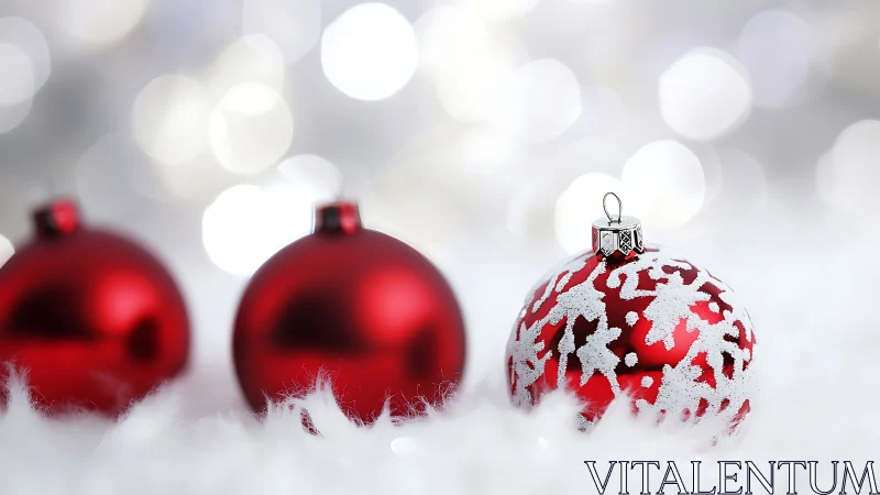 Red glass ornaments on white surface with soft bokeh background.