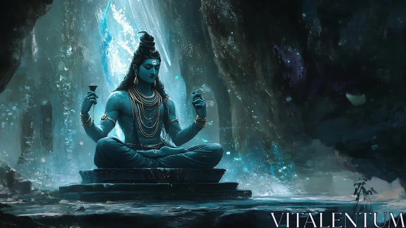 Blue meditating deity in luminous cavern with cascading light