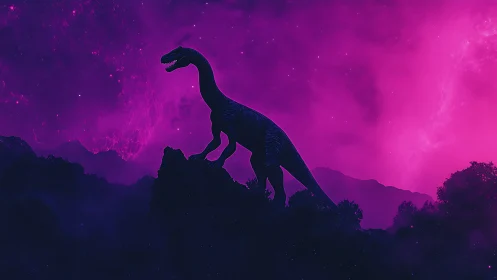 Silhouette dinosaur stalks ridge under neon magenta cosmos.