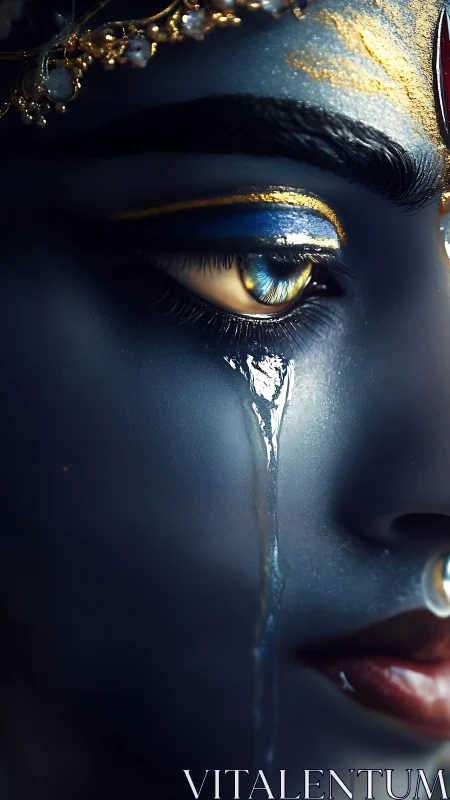 Divine blue face sheds luminous tear in extreme close-up