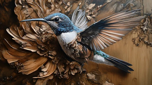 Textured hummingbird relief in dynamic wood-toned abstraction.