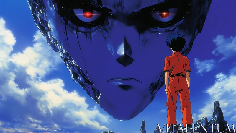 Colossal spectral face confronting lone figure at dusk.