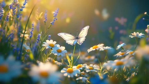 Soft morning light welcomes a pale butterfly over daisies