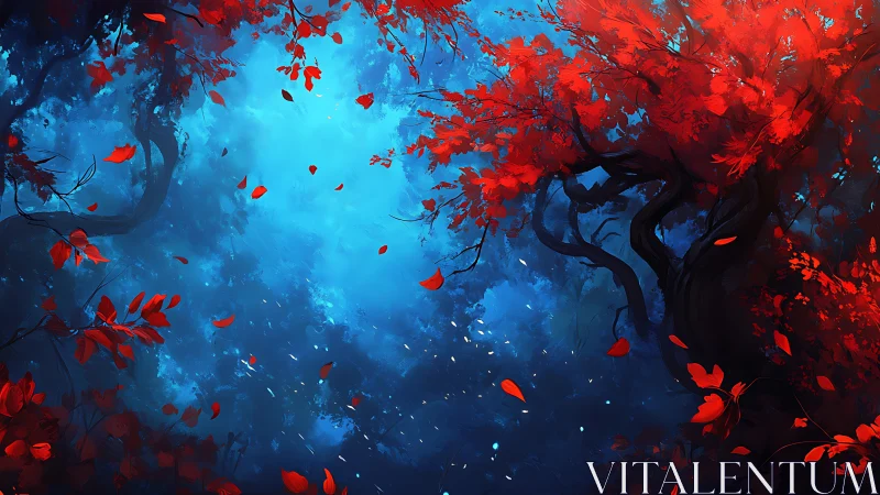 Crimson crowns above a sapphire forest dreamscape sky.