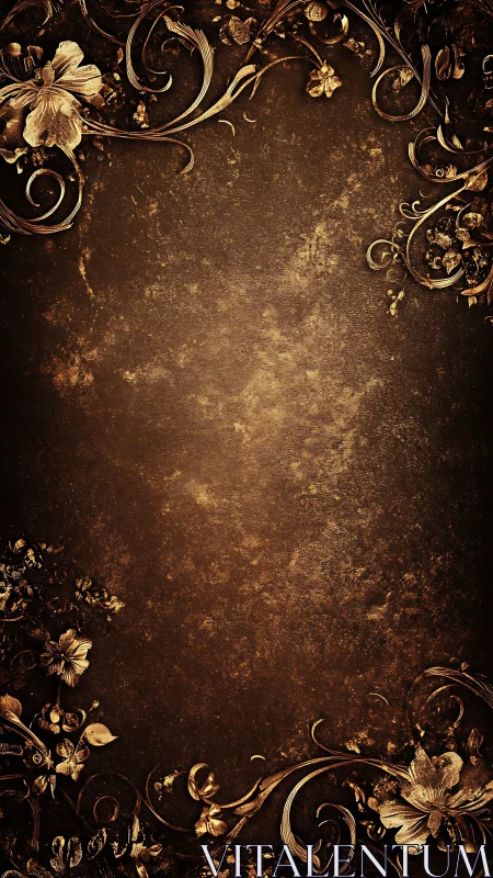 Golden floral frame on vintage textured brown background.