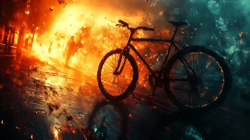 Bicycle silhouette against massive conflagration with dynamic thermal lighting and chromatic separat