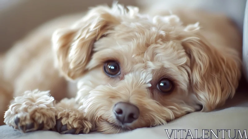 Small light-colored dog lies on soft surface in close view