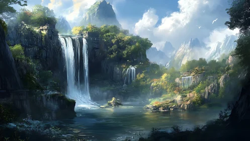 Lush mountain gorge frames twin waterfalls over misted lake