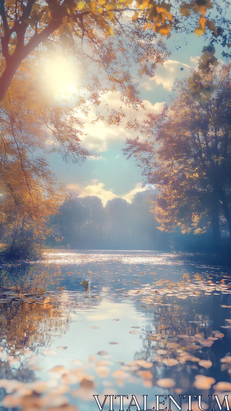Sunlit autumn lake quietly teaches the sky to shimmer
