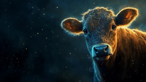 Digital cow portrait against dark starry background.
