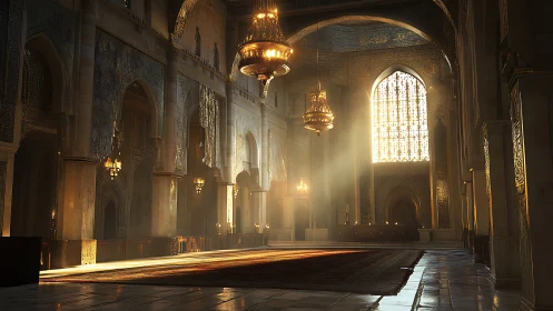 Golden light pours through grand arched mosque interior