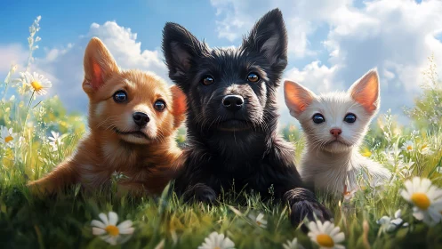 Three Joyful Puppies Among Summer Wildflowers.