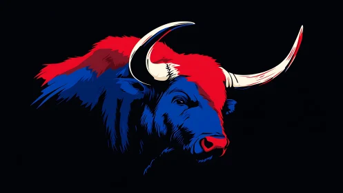 Bold stylized bull head in red and blue on black background.