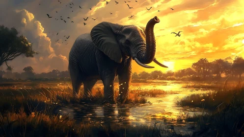 African savanna elephant in sunset wetland with dynamic birds