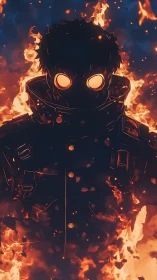 Masked fire warrior emerges through engulfing flames